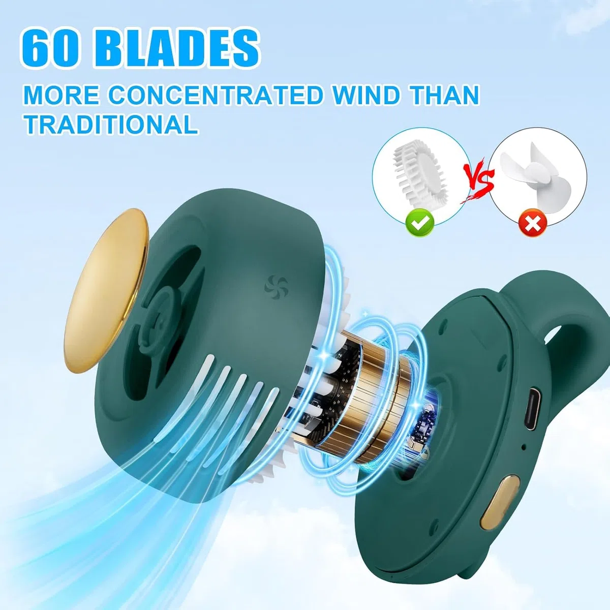 Mini ventilatore elettrico senza pale, portatile, silenzioso, a 3 velocità, con clip su vita e collo, ricaricabile, piccolo ventilatore elettrico da viaggio per esterni, viaggi, ufficio (verde)
