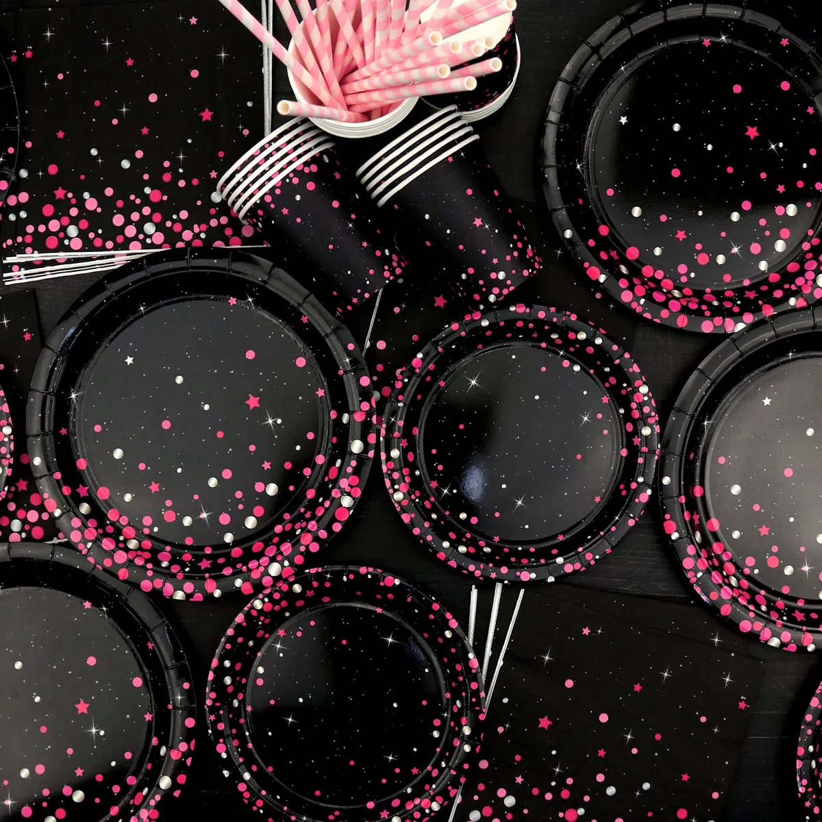 Decorazione di compleanno rosa e nero - accessori per feste in rosa e nero, tra cui sfondo, piatti, decorazioni per torte, bicchieri, tovaglioli, palloncini, tovaglie, per 20 persone (BJ)