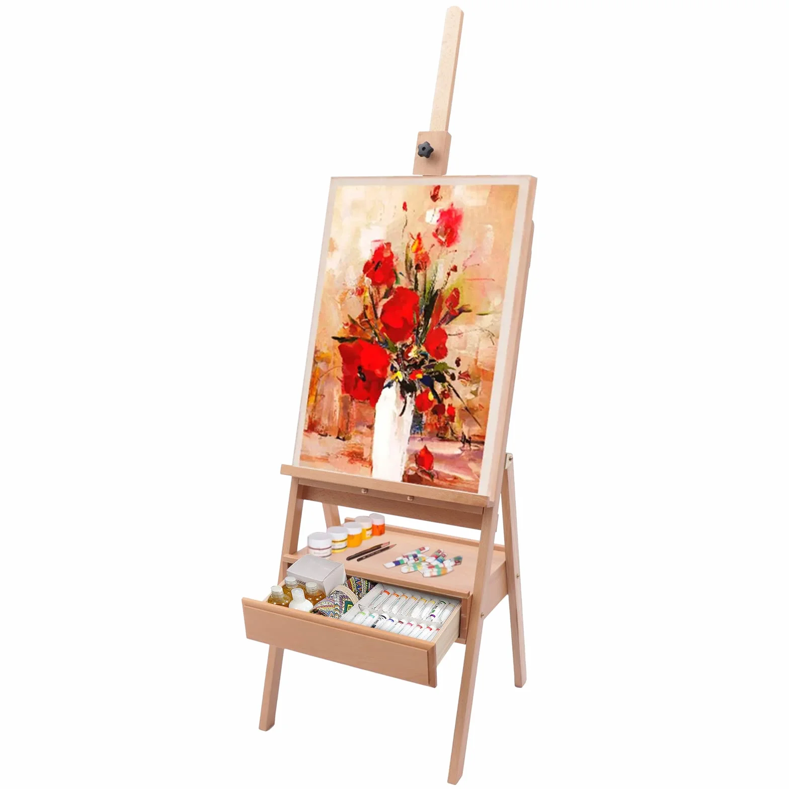Cavalletto da Pittura Professionale ad H con Cassetto Portaoggetti, in Legno di Faggio Massello, Cavalletto per Dipingere Regolabile Altezza154-198cm, Max Leinwand 90cm, per Dipinti, Mostre