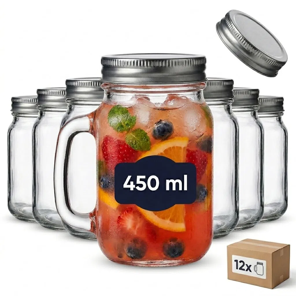 gouveo Set da 12 bicchieri in vetro con manico e coperchio (0,45 l) tappo a vite argento bicchieri alti per bevande fredde e servizio tavola (TGH450S)