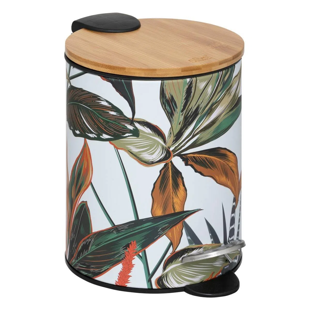 5five - Pattumiera a pedale Palawan 3L - Motivo tropicale in metallo, coperchio in bambù, chiusura ammortizzata - Per bagno e toilette