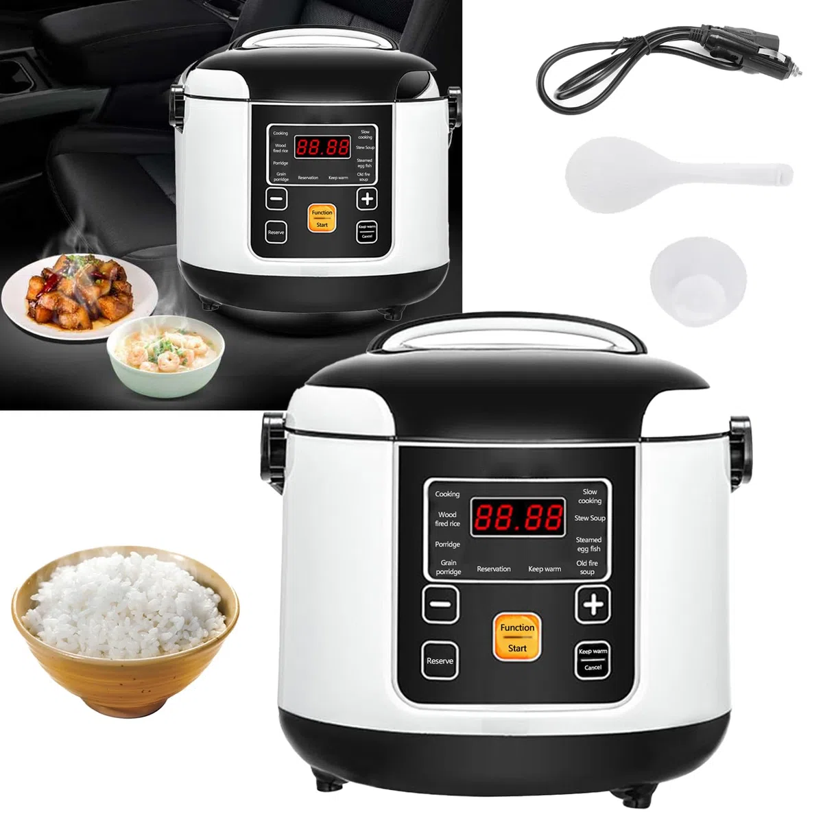 Cuociriso Per Auto, 200w 12v/24v Piccolo Cuociriso Portatile Funzione Di Prenotazione 24 Ore Funzione Di Mantenimento In Caldo Per Cucinare Zuppa Di Riso E Porridge Capacità 2l