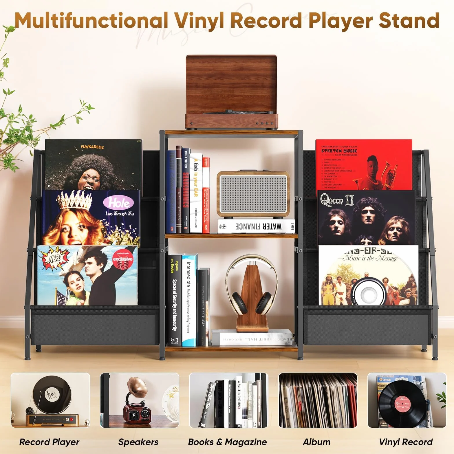 Supporto per giradischi, Tavolo a 3 livelli, Stoccaggio di dischi in vinile fino a 200 album, 123 * 30 * 73 cm, Supporto per giradischi per l'esposizione e l'archiviazione in soggiorno, camera
