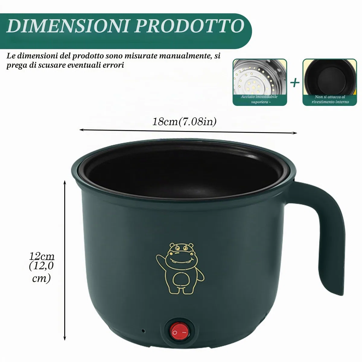 Mini Pentola Elettrica: Pentola Elettrica Portatile, Multifunzionale Pentola Elettrica Piccola, 1,8L Padella Elettrica Antiaderente Domestico, con Vaporiera in Acciaio Inox, 600W, 220V,Verde