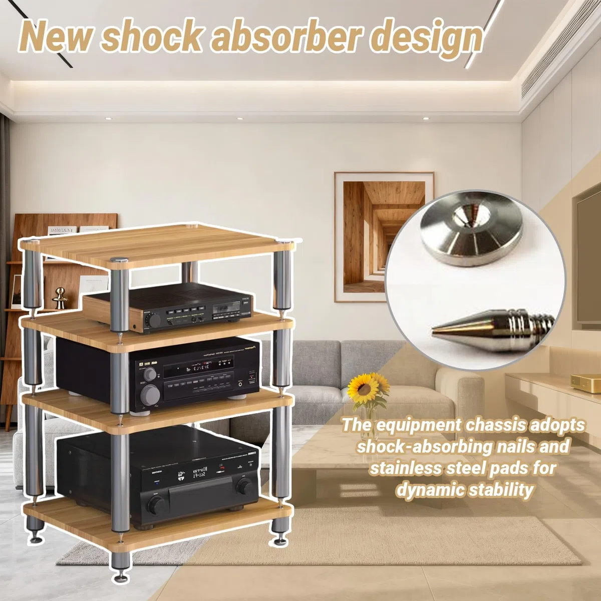 Mobiletto AV HiFi A 3 Ripiani Ripiano In Legno Supporto Per Giradischi Mobile Stereo Sound Tower Rack Portaoggetti Per Console Multimediali(Teak color,Three-layer)