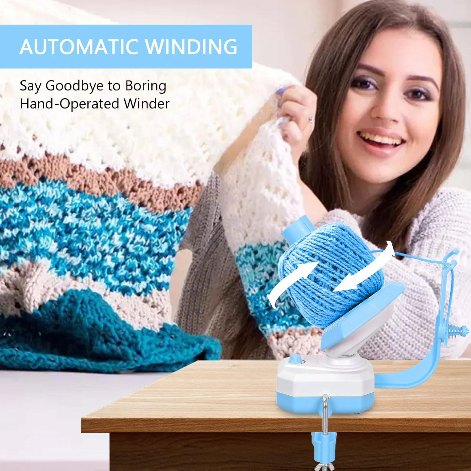 Avvolgitore Elettrico per Filato a Doppia Molla - Avvolge Automaticamente fino a 280g (10 Once), Ideale per Maglia e Uncinetto - Design Compatto, Facile da Usare (Colore Azzurro)