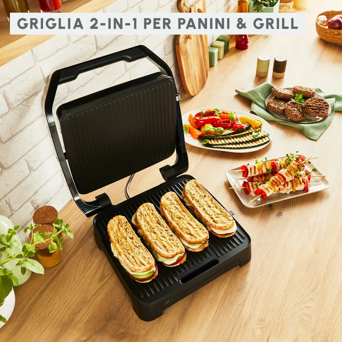 Moulinex Inicio Adjust, Piastra per Panini e Griglia, Termostato Regolabile, 2000 W, Piastre di Cottura Antiaderenti, GI272D10