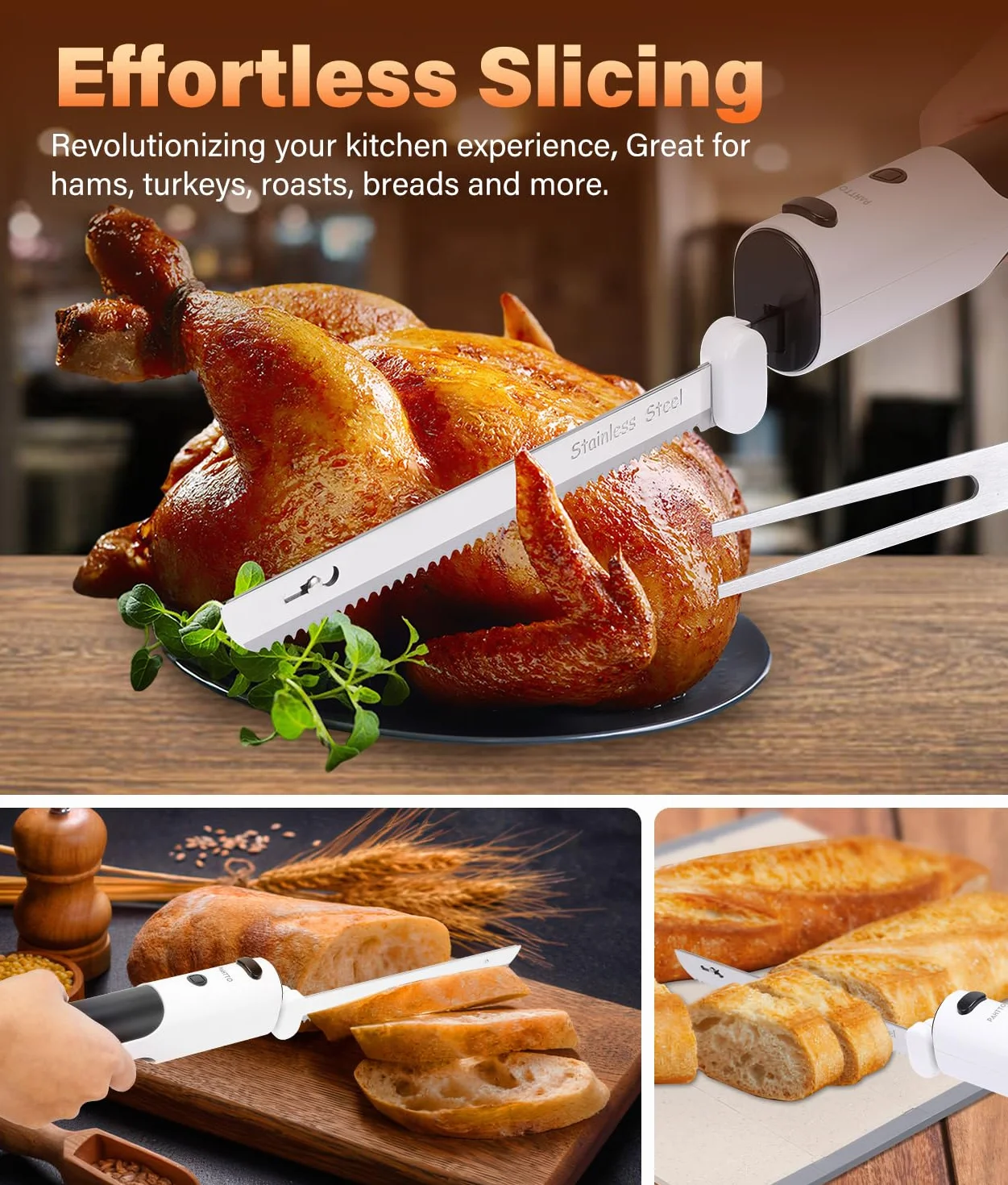 PAHTTO Coltello elettrico per affettare carne pane verdura frutta, coltello da cucina affettapane a batteria con doppie lame in acciaio inox incluso scatola, forchetta e tagliere pieghevole