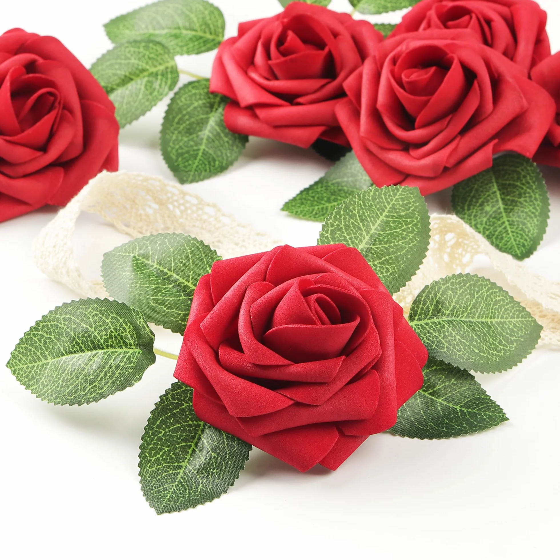 Mocoosy 50 Pcs di rose rosse fiori artificiali, rose rosso scuro schiuma rose finte sfuse con stelo fiori artigianali DIY per bouquet da sposa centrotavola composizioni feste decorazioni per la casa