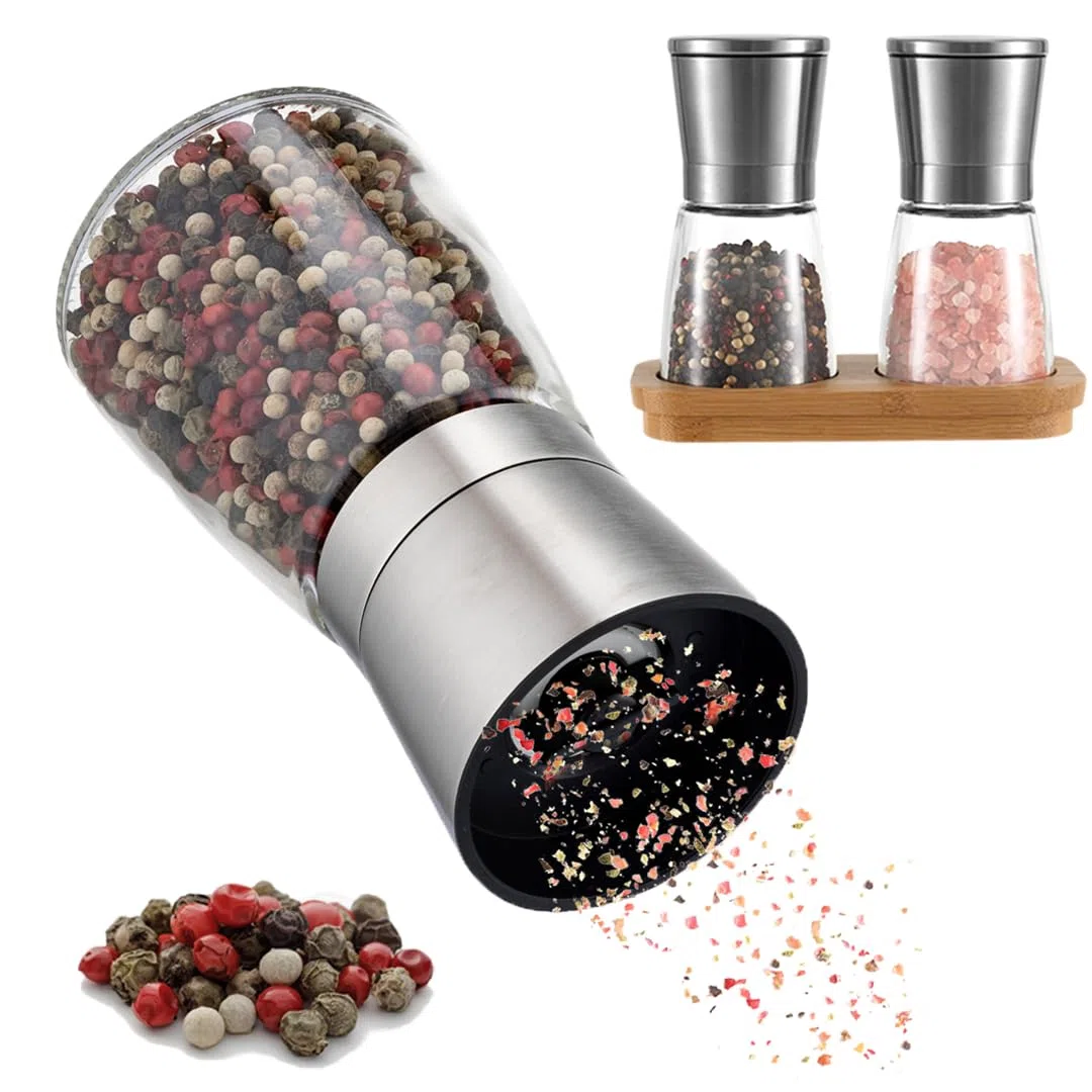 Macina sale e pepe con supporto in bambù – Set di 2 macinaspezie in acciaio inox e vetro – macina in ceramica regolabile, ricaricabile ed elegante per ogni cucina