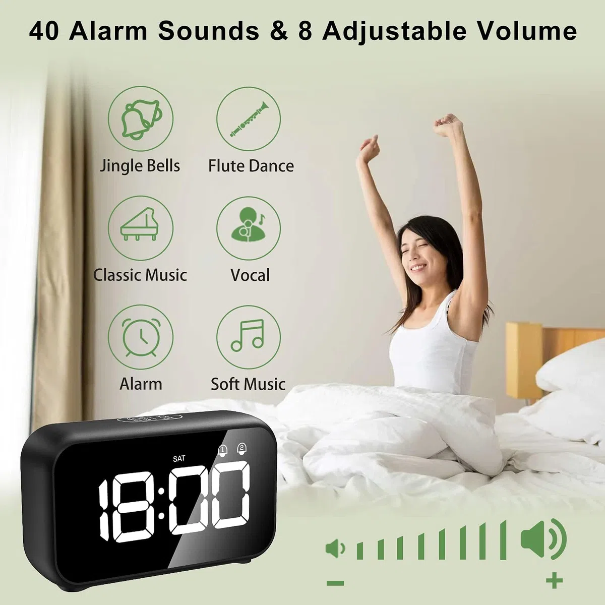 Sveglia Digitale, Sveglia da Comodino LED con 40 suonerie opzionali,Orologio a Specchio con Doppio Allarme, Funzione di Snooze,4 Livelli di luminosità, Sistema 12/24 Ore (Nero)