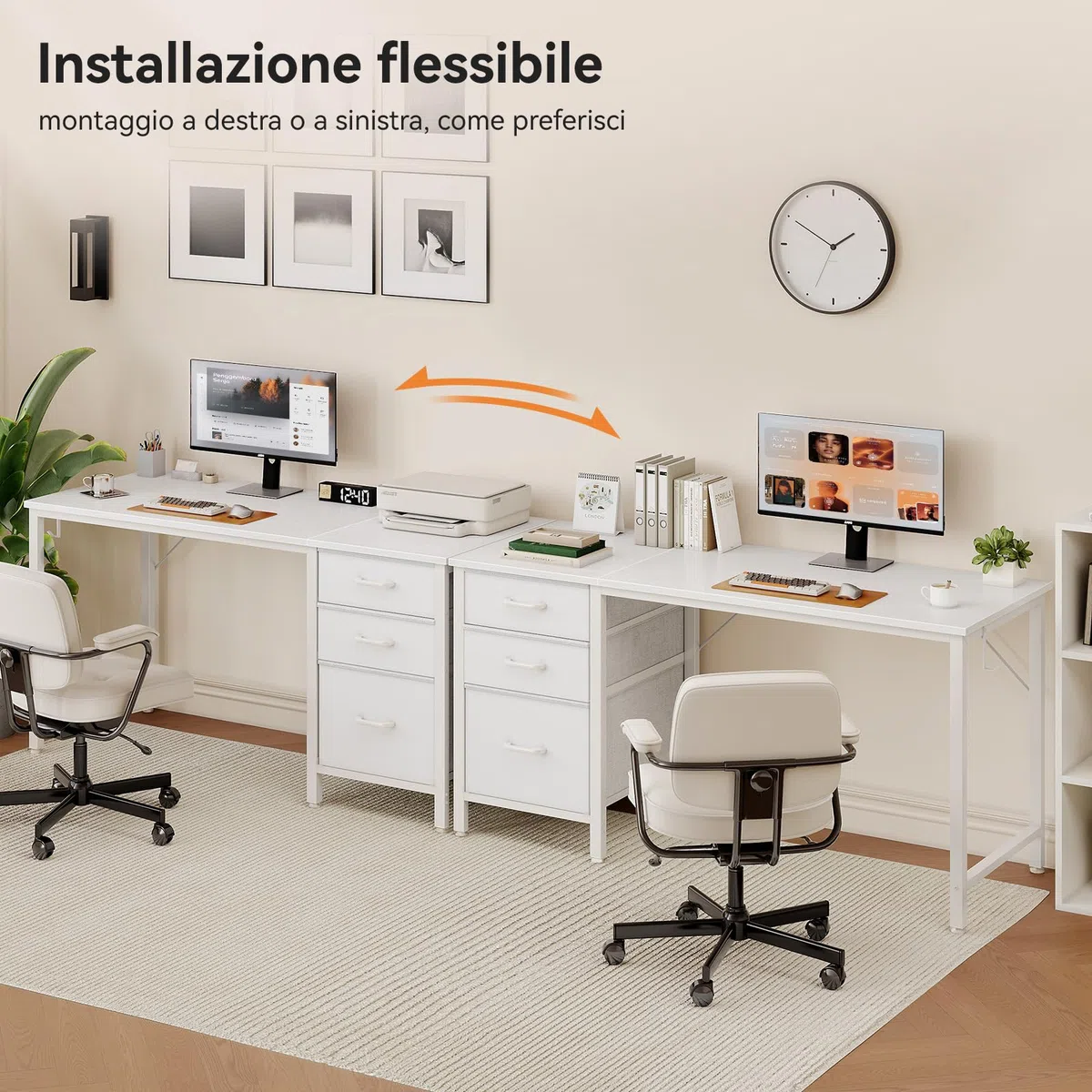 Coleshome Scrivania con 3 Cassetti in Tessuto, 120x48cm Scrivania Salvaspazio con Portacuffie, Bianco Scrivania Computer Reversibile per Piccolo Ufficio in Casa
