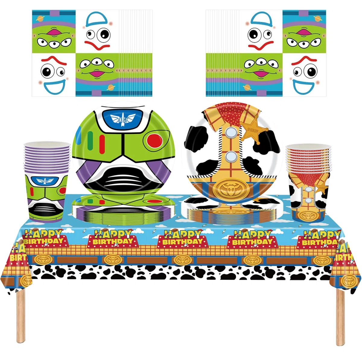Set di 61 pezzi di stoviglie per feste Toy Story, decorazioni per feste di compleanno per bambini, comprensivo di bicchieri, piatti, tovaglia e tovaglioli, per 20 ospiti