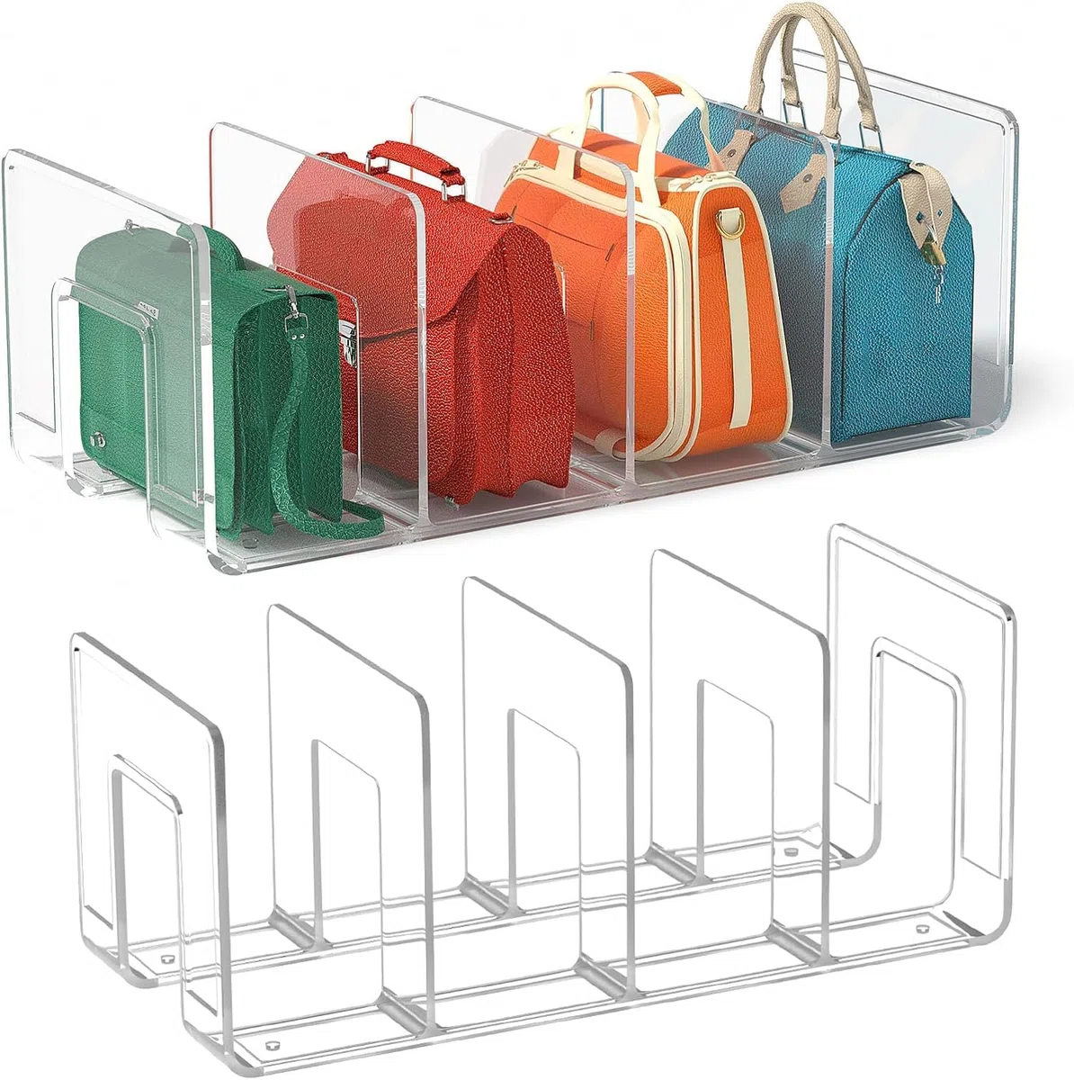 MEISO 2 Pezzi Organizer Armadio, Divisori per Borse Armadio Organizer, Porta Borse da Armadio A 4 Slot per Camera da Letto, Guardaroba, Libreria, Cucina, Stoccaggio E Organizzazione (Trasparente)