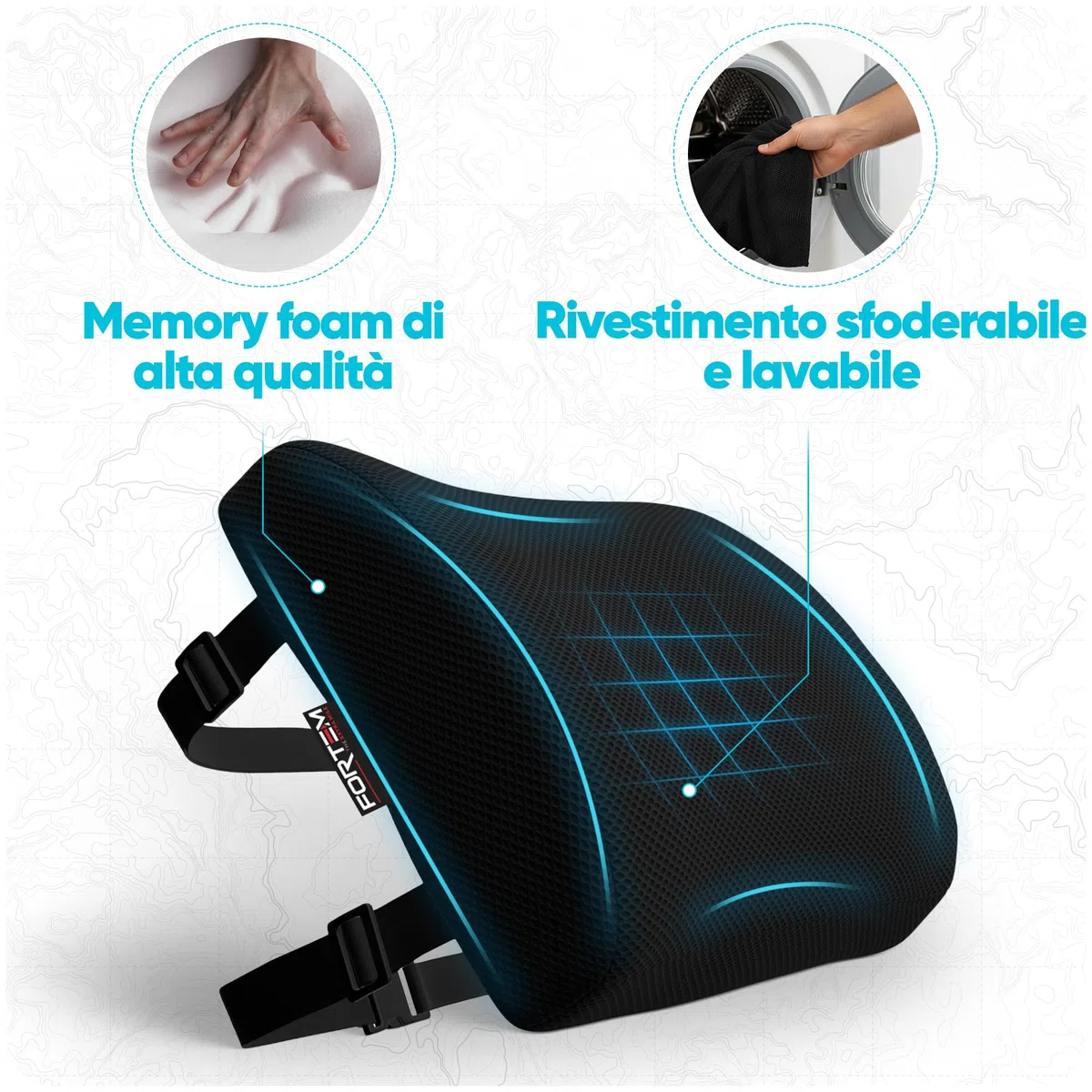 FORTEM Cuscino Lombare Sedia Ufficio, Supporto Lombare Auto, Cuscino Schiena, Schienale Sedia Ufficio Ergonomico in Memory Foam, Fodera Traspirante e Lavabile, Cinghia Regolabile, per Gaming e Lavoro