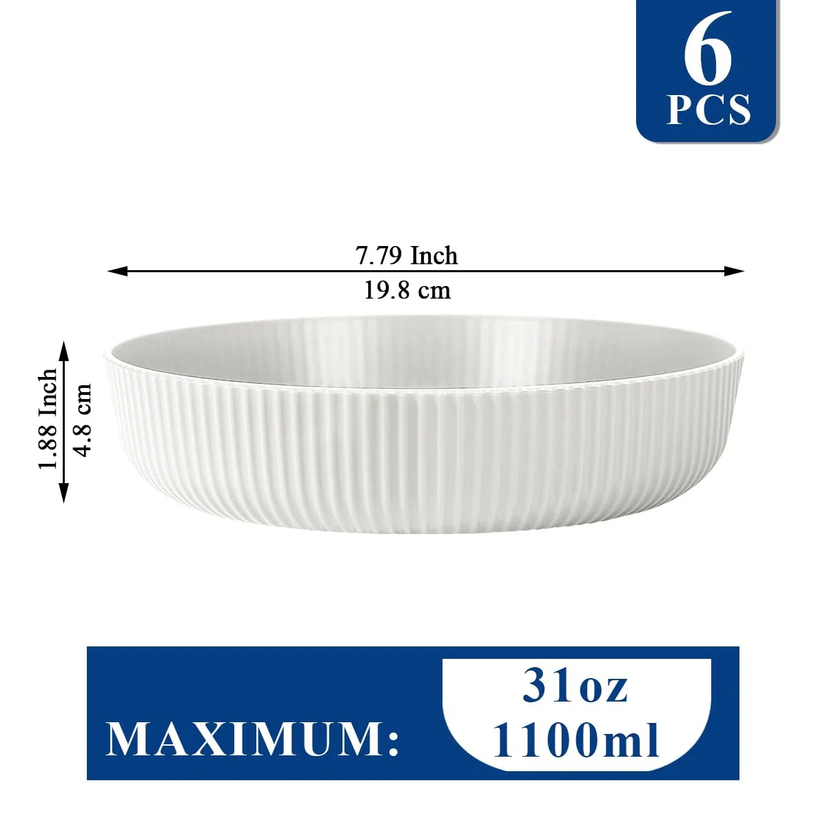 HOMQUEN Piatti Fondi, Set di 6 Ciotole per Pasta Grandi, Insalatiere da 1100 ml, Ciotole per Zuppa Bianche, Ciotole per la Cena in Plastica Infrangibile, Set di Stoviglie (Bianco)