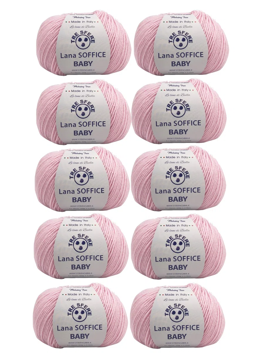 Gomitolo Lana Soffice Baby 50% Pura Lana Mulesing Free 50% Acrilico Dralon, Filato Ritorto Tinto a Biella, 50 Grammi/175m - disponibili in diverse tonalità (10, Rosa Baby - 306)
