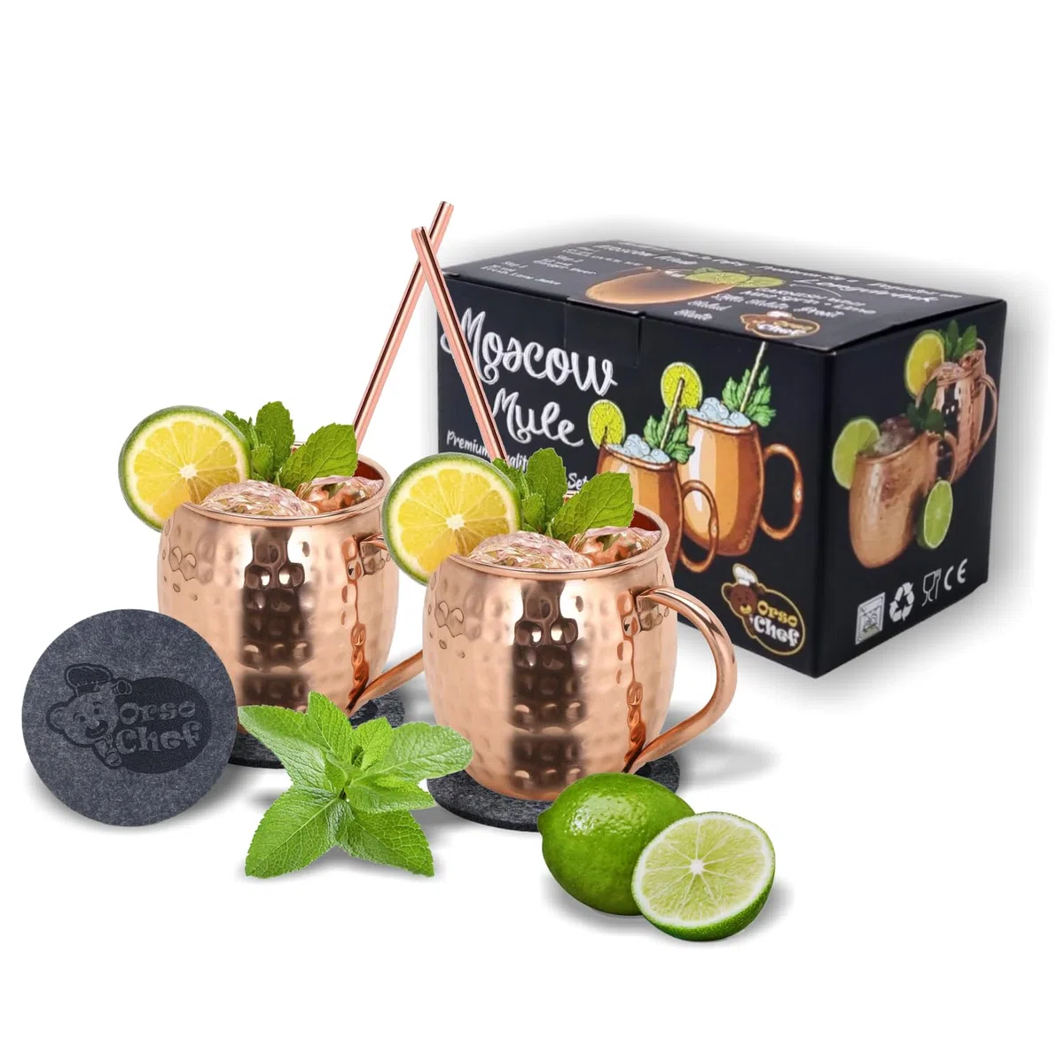 Set Completo Di 2 Bicchieri Cocktail Moscow Mule Rame, Accompagnati Da Cannucce, Sottobicchieri Acquistando In Omaggio Esclusivo E-book Con Ricette E Suggerimenti Per Cocktail