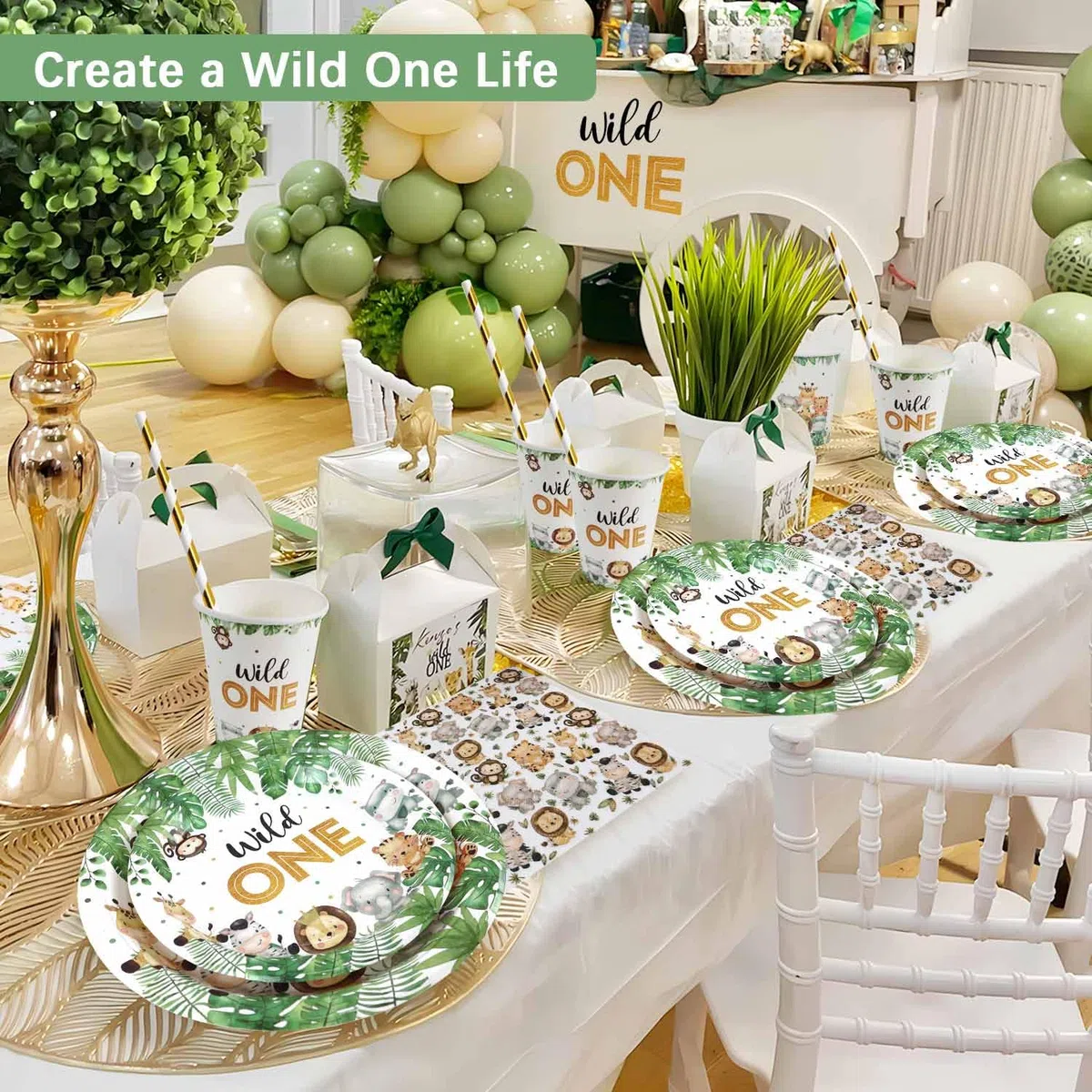 Decorazioni Compleanno 1 Anno Piatti Animali Set per 25 Ospiti, 100 Pezzi Primo Compleanno Bimbo Safari Giungla Stoviglie Wild One Feste Piatti Carta, Tazze e Tovaglioli per Bimbo Ragazzi