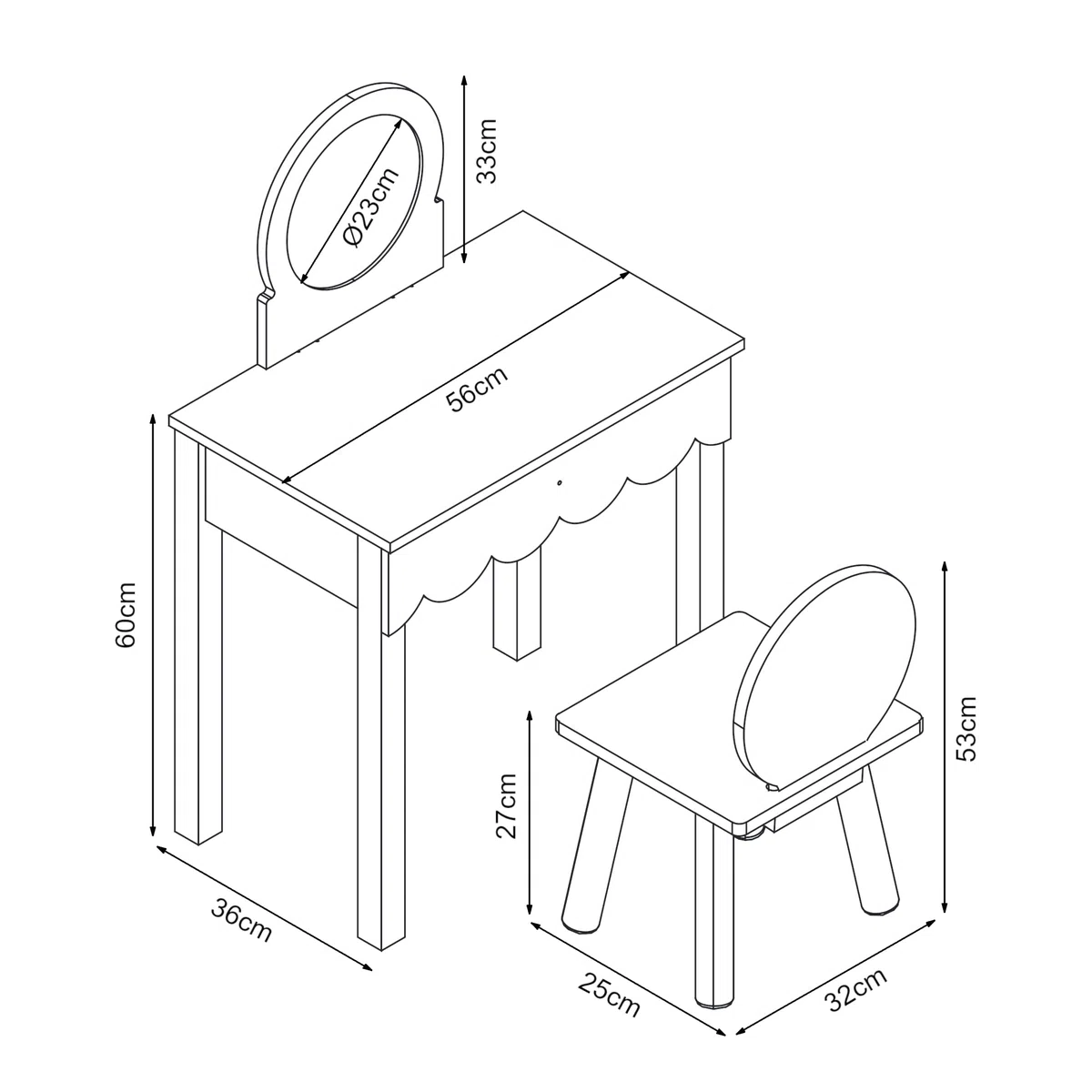 [en.casa] Set di Tavolo da Trucco per Cameretta con Specchio Rotondo e Sedia Tavolino da Toeletta Scrivania con Cassetto e Sgabello per Bambini - Rosa/Bianco