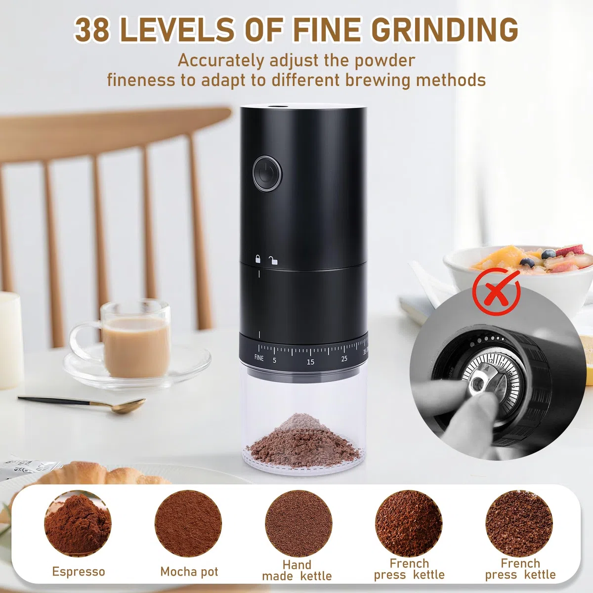 Macinacaffè Elettrico, Coffee Grinder Portatile con 38 Impostazioni Regolabili, Macina Caffè Granulometria Regolabile per semi e spezie, Adatto per Casa, Ufficio, Viaggi e Campeggio (Nero)