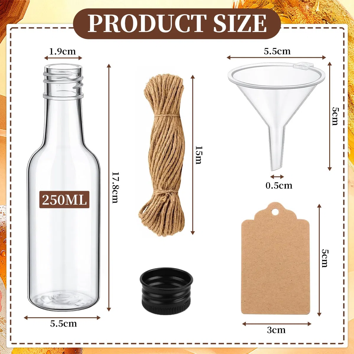 HIMOMO Piccole bottiglie da riempire, 12 pezzi di mini bottiglie da 250 ml con tappo, bottiglie in plastica per liquori, inclusi 15 metri di corda di iuta, 40 etichette e un imbuto