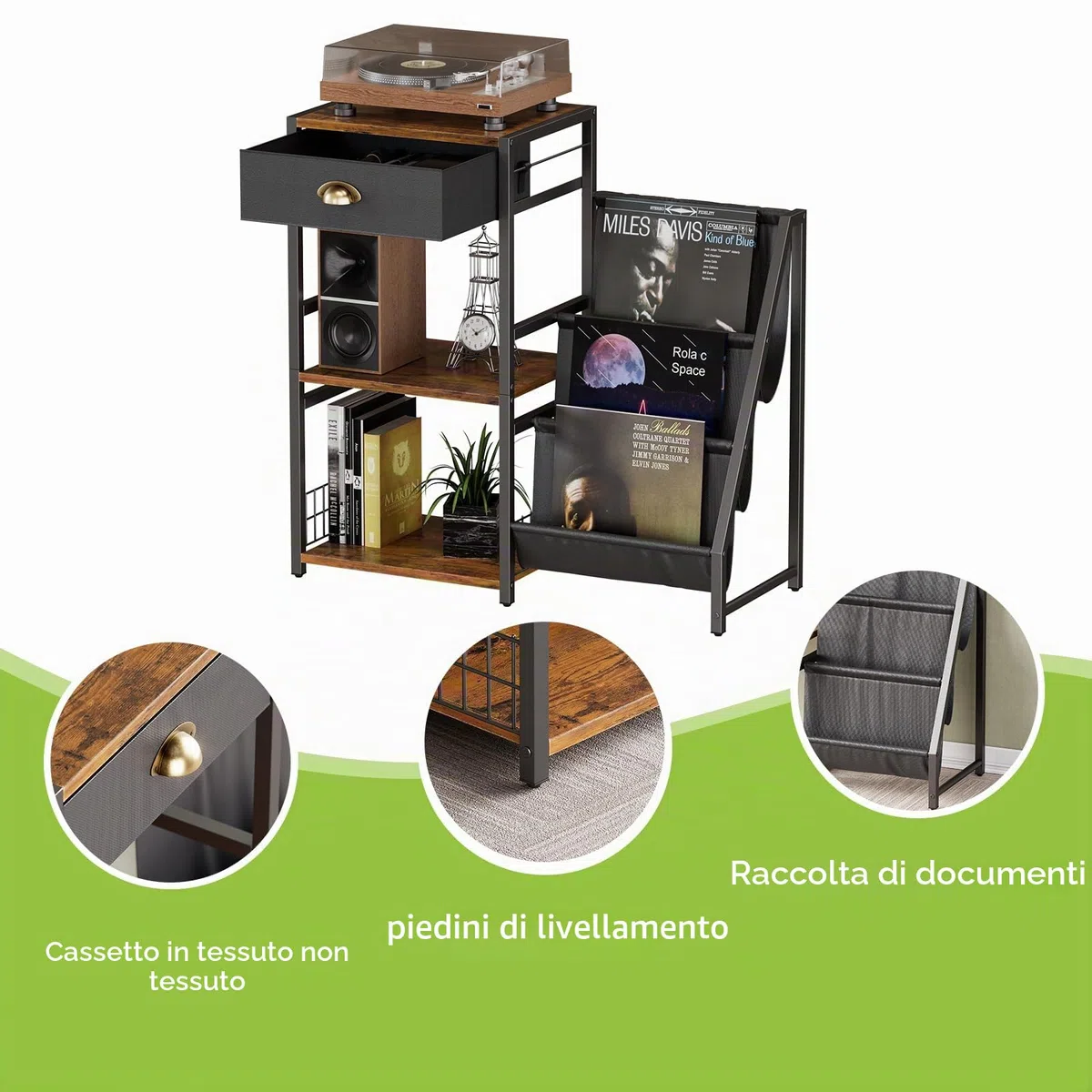 Supporto per giradischi a 3 ripiani, stile vintage, con cassetto, supporto per dischi in vinile, con 3 livelli, 86 x 30 x 75 cm