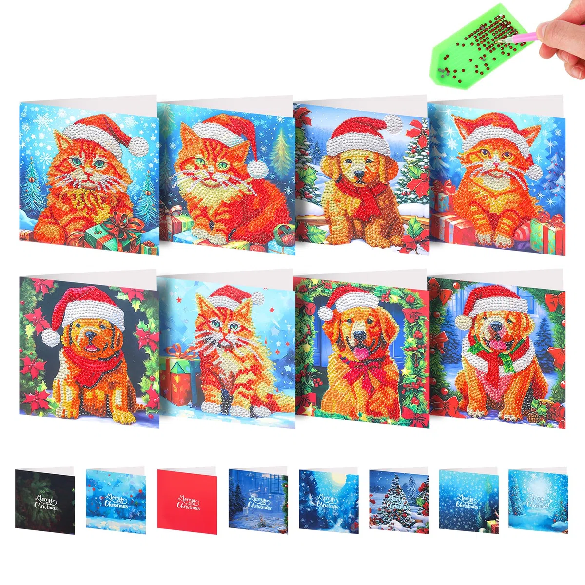 8Pcs Natale diamante pittura carte, Biglietti d'auguri natalizi 5D DIY Animale cane gatto diamante arte biglietti con buste Carte artigianali fatte a mano Regali per Festival di Natale, Capodanno