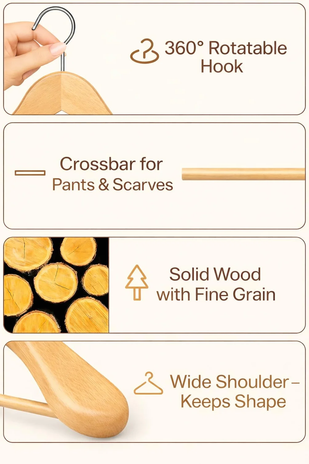 MELA'S Wooden Wide Clothes Hanger, Natural Wood, Pack of 12, Non-Slip, for Stable Jacket, Suit, Shirts, Extra Wide Shoulders, Trouser Bars, 45 x 23 x 5.5(Natural)
