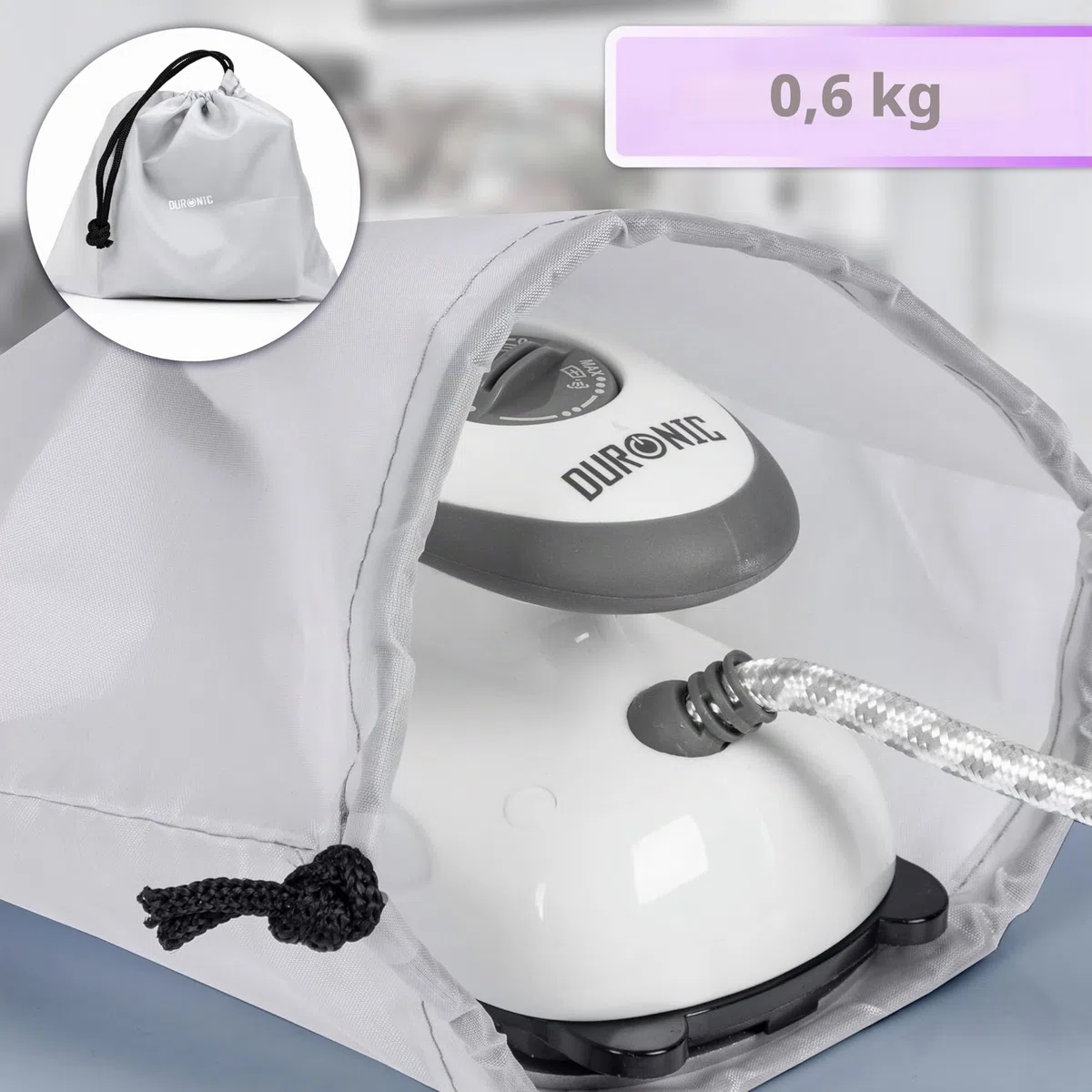 Duronic SI2 WE Mini Ferro da Stiro, Ferro da viaggio a vapore 375 W, Serbatoio 50ml, Steamer portatile con spazzola e borsello da viaggio, Ferro a vapore per lavori di cucito, quilting, Bianco
