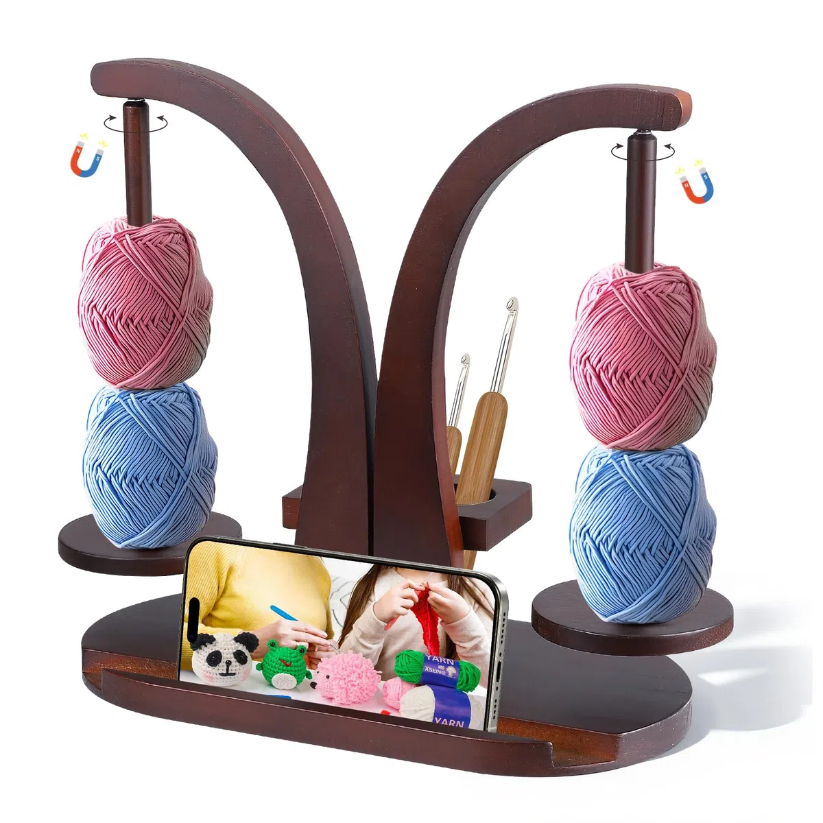 Avvolgitore magnetico in legno - Supporto doppio per filati con organizer per accessori da lavoro a maglia - Porta gomitoli per uncinetto e maglia - Salvaspazio e girevole