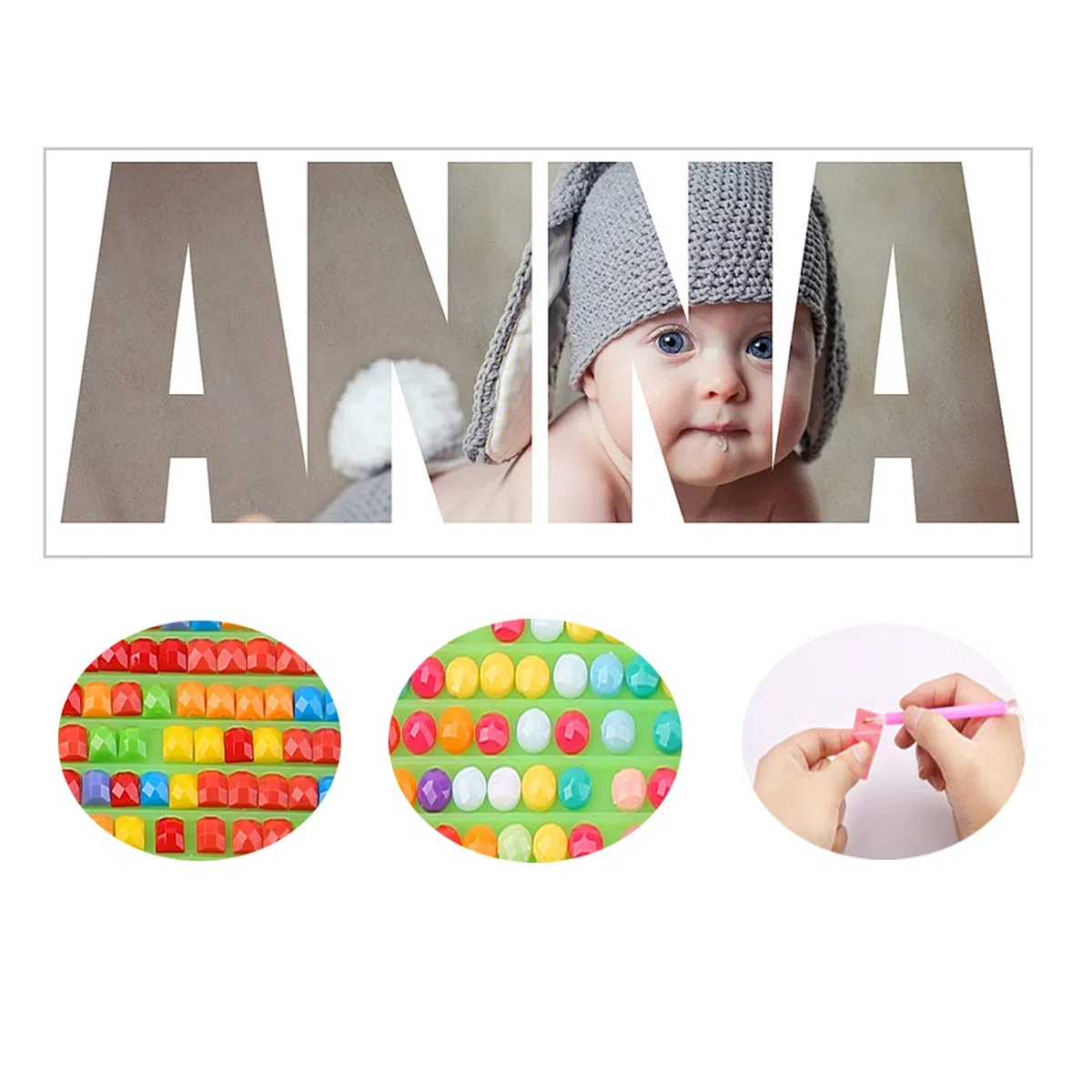 Kit per diamond painting con nome personalizzato, con foto personalizzate, lettera del nome, ricamo con diamantini, 5D, fai da te, quadrato, rotondo, decorazione da parete per adulti (punta rotonda,