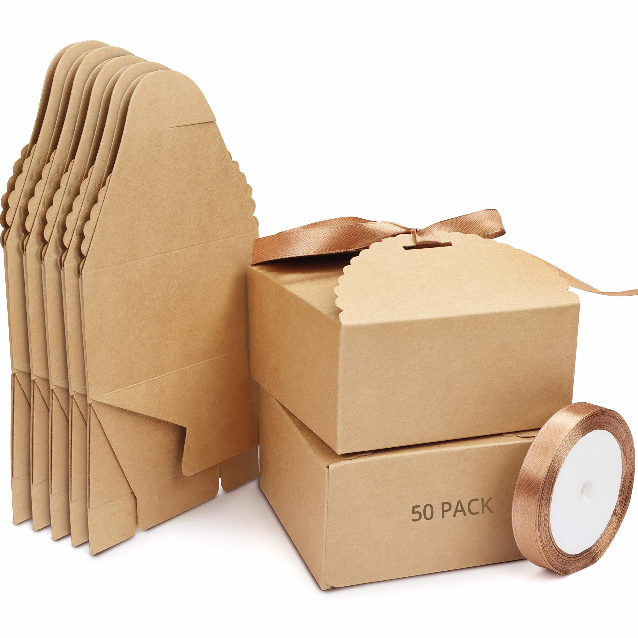 Belle Vous Scatola Regalo Cartone Kraft Quadrate (50pz)- Scatola Cartone con Coperchio Smerlata con Nastro Marrone - Scatoline Regalo 12x 12 x 6cm- Scatoline Portaconfetti Matrimonio, Feste, Fai da Te