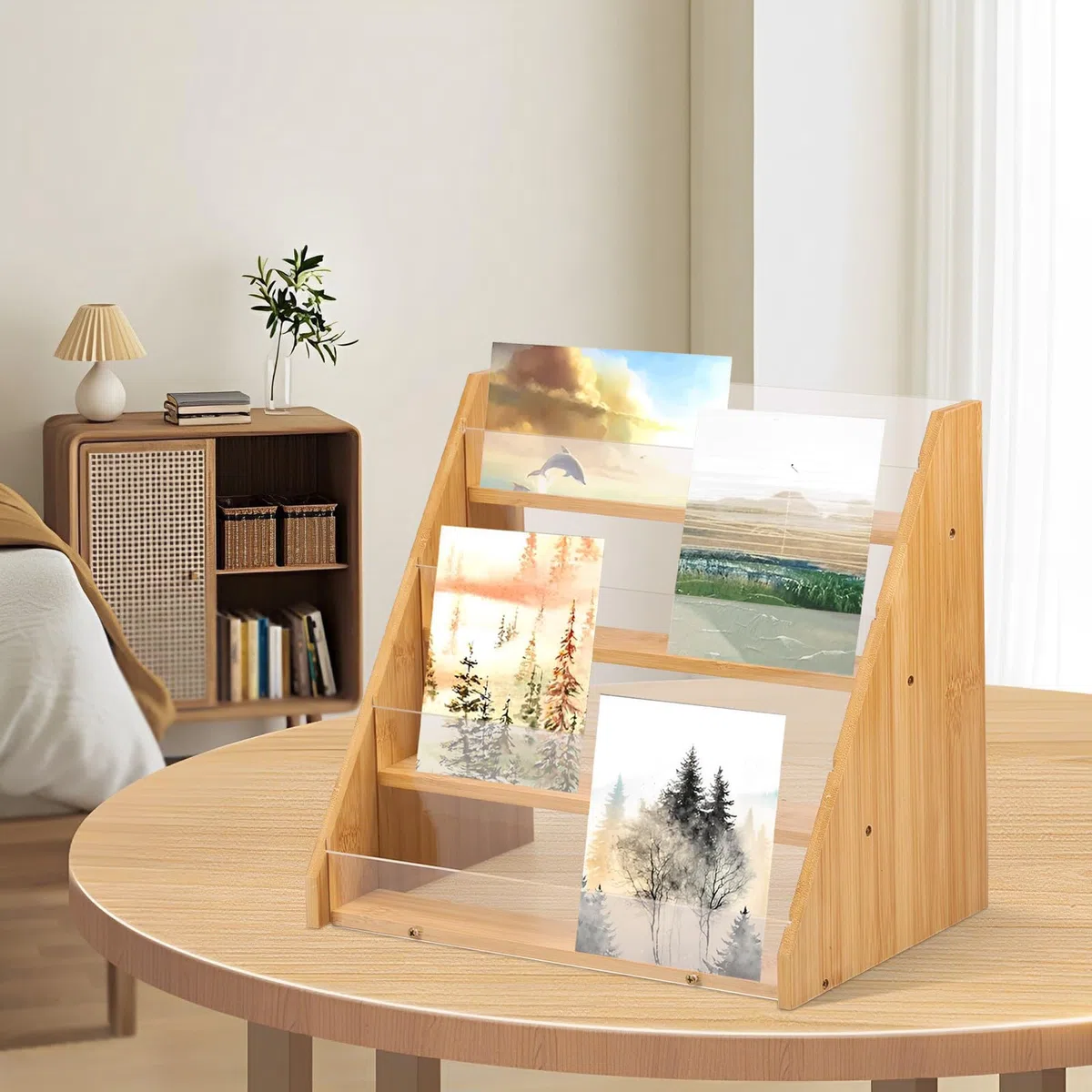 Espositore per biglietti di auguri, a 4 livelli, multifunzione, in bambù e acrilico, espositore per fiere e libri, per cartoline, brochure, foto