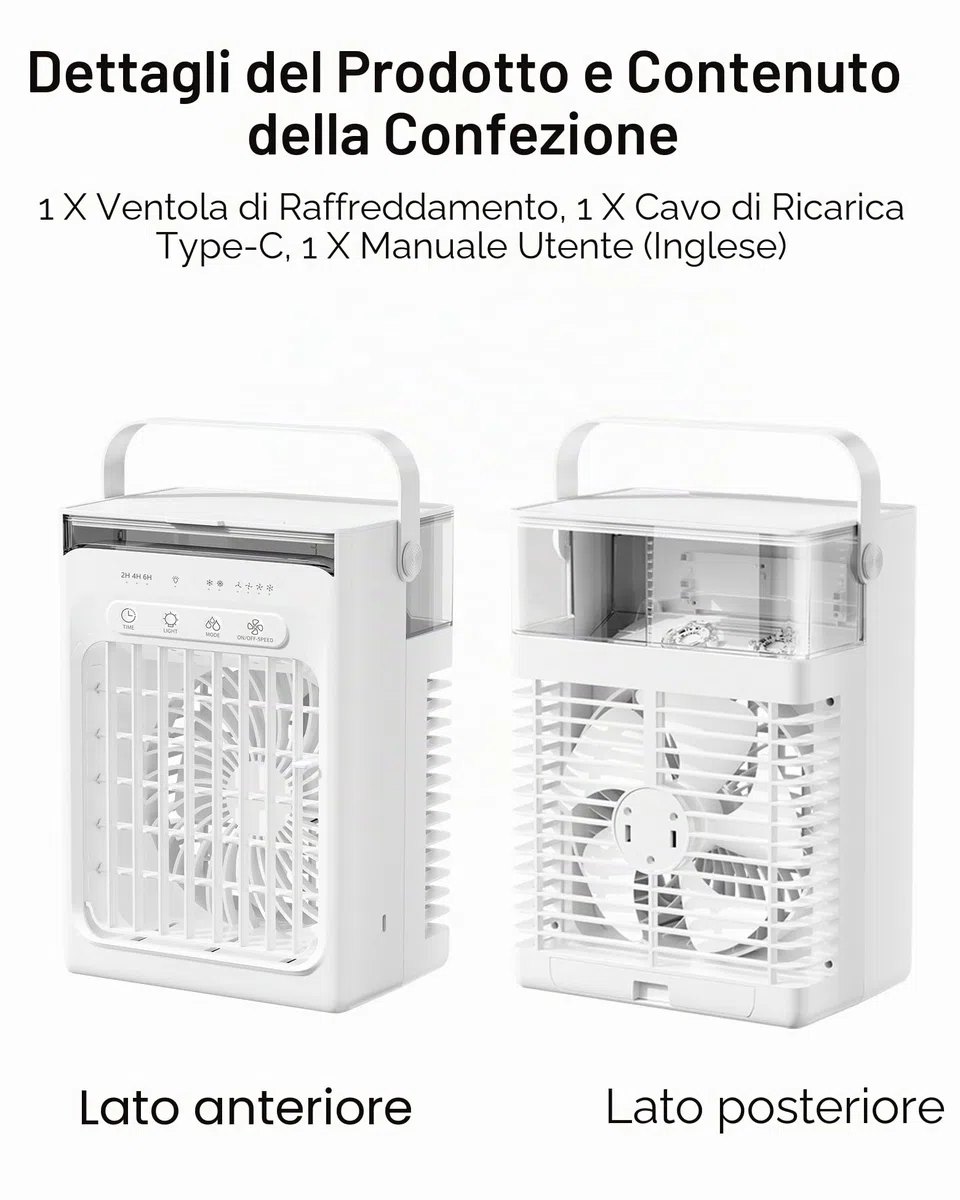 Mini Condizionatore Portatile, Ventilatore con Ghiaccio, 1000 ML Raffrescatore d'Aria con Doppio Motore, 3 Velocità, Nebbia Fredda, Timer 2/4/6H, Luci LED, per Casa, Ufficio (Bianco‌)