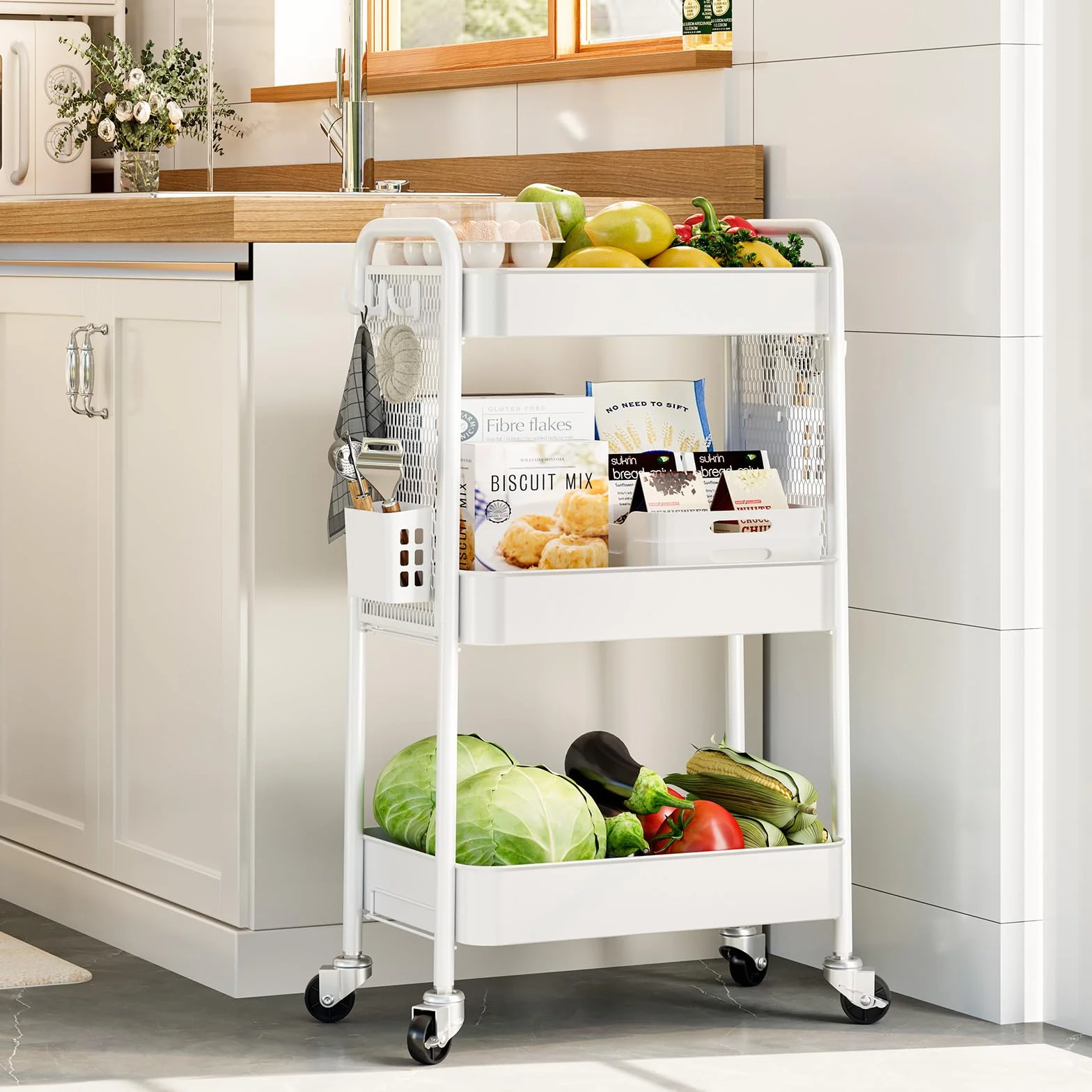 Urackify Carrello portaoggetti per varie applicazioni, carrello in metallo a 3 livelli con pannelli forati fai da te, cesti e ganci per riporre extra in cucina, bagno, ufficio, aula e altro ancora,