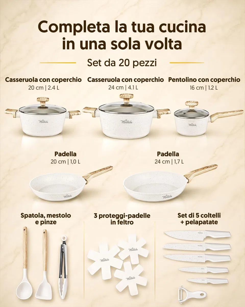 La Moustache - Batteria di Pentole Antiaderente 14 Pezzi con Accessori, Casseruole, Padelle, Coperchi in Vetro e Utensili + Set di 5 Coltelli in Acciaio Inox con Pelapatate, Effetto Marmo (Latte)