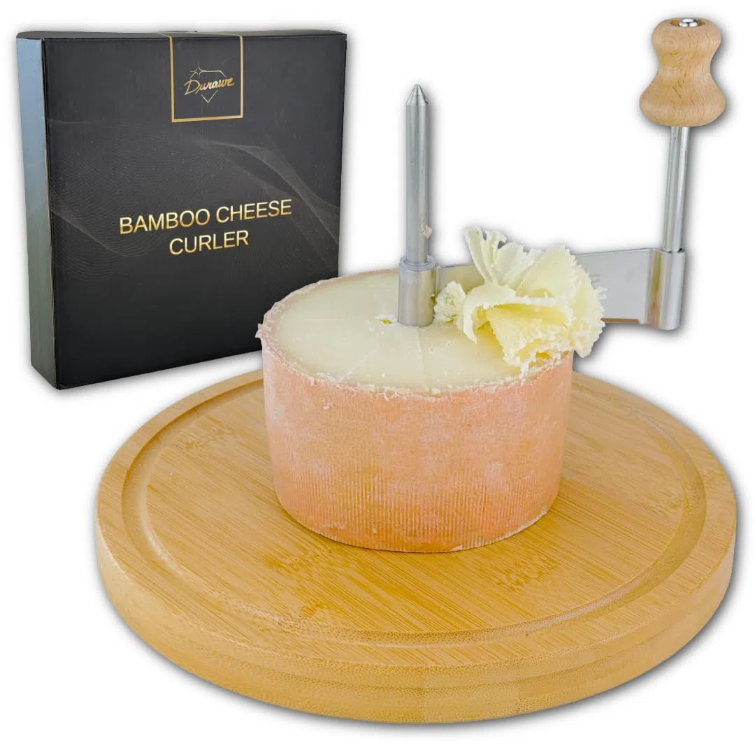 Girolle per formaggio Fraiseur in bambù Ø 22 cm con lama in acciaio inox – raschietto rotativo per Tête de Moine, fiori di formaggio e scaglie di cioccolato – robusto, decorativo, idea regalo