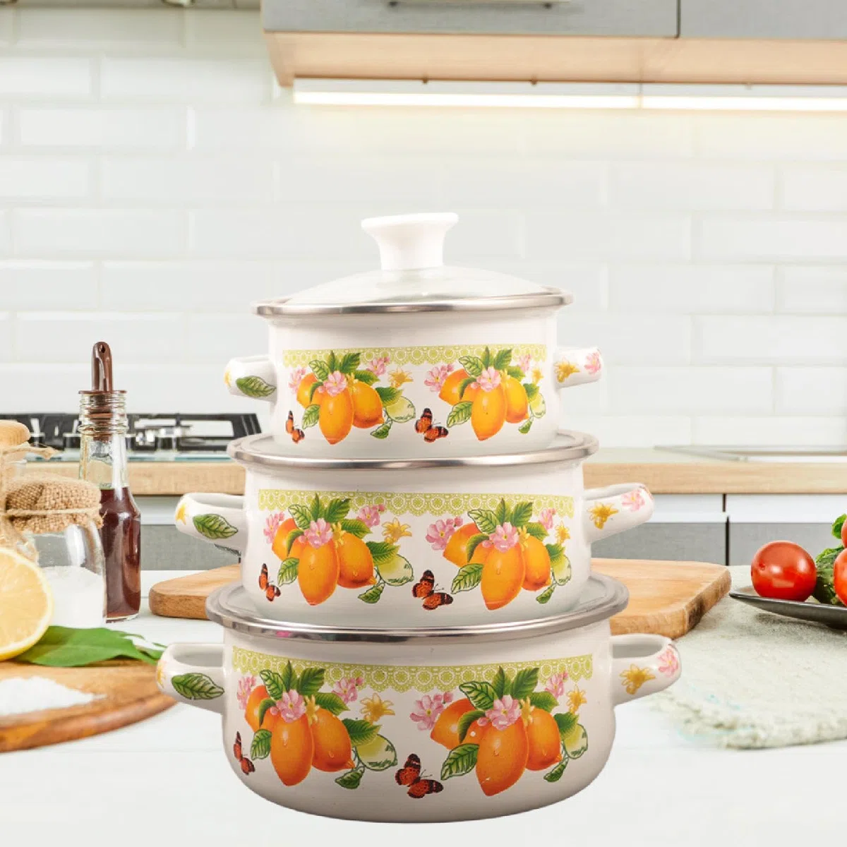 Milageto 3 pezzi di pentola smaltata con coperchio, pentola smaltata, pentole a doppio manico, design vintage, pentole per zuppa, per cucina, sala da pranzo, Limone