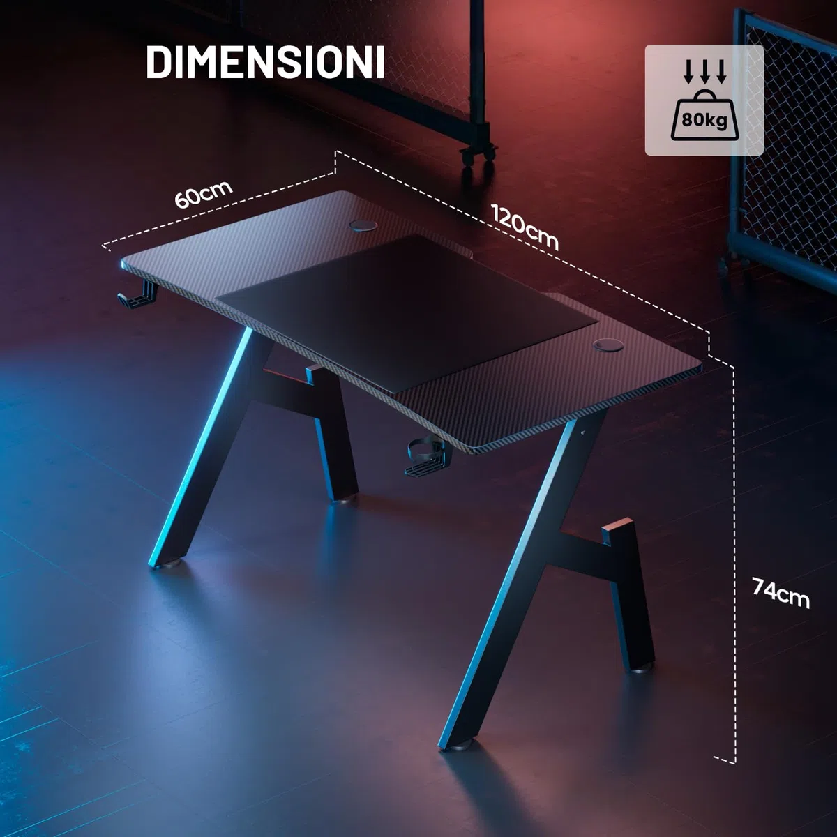HLFURNIEU Scrivania Gaming Ergonomica, 120 x 60 cm Tavolo da Computer, Scrivania Gamer con Porta Bicchiere e Gancio per Cuffie, Piano del Tavolo in Fibra di Carbonio Impermeabile, Nero