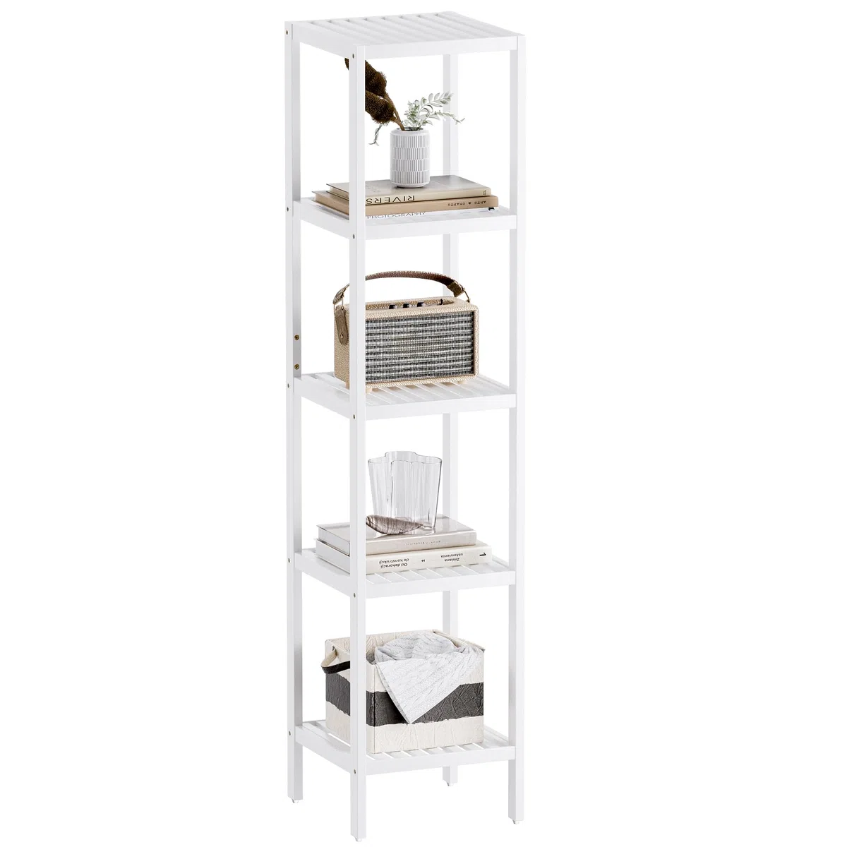 SMIBUY Scaffale per il bagno, organizzatore di scaffali in bambù a 5 livelli, scaffale multifunzionale per soggiorno, camera da letto, cucina (bianco)