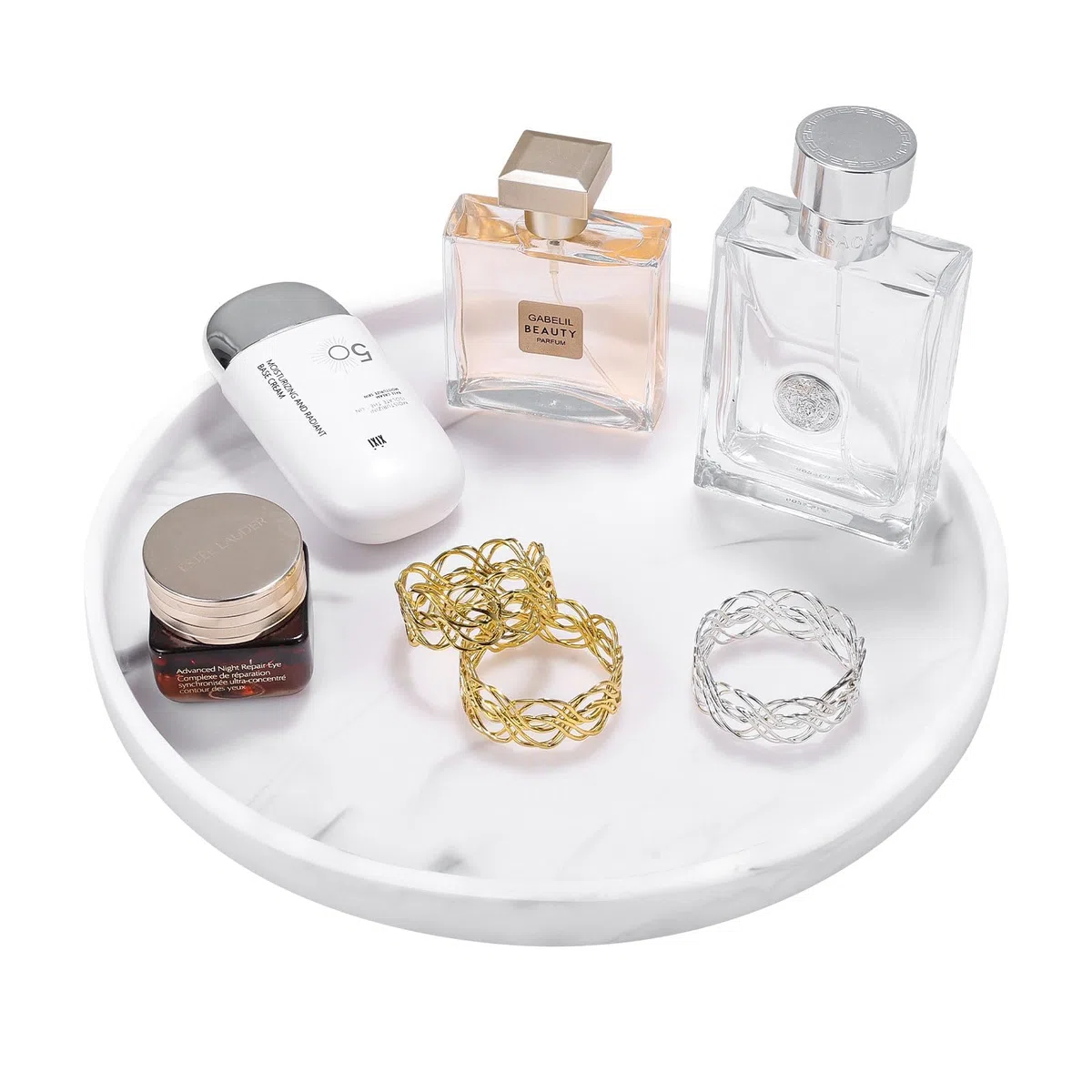Luxspire Vassoio in Resina, Vassoio da Portata, Vassoio Decorativo, Vassoio da Bagno, Vassoio Rotondo, Vassoi per Sapone Candele Gioielli Profumi, Organizer da Bagno, Marmo Bianco