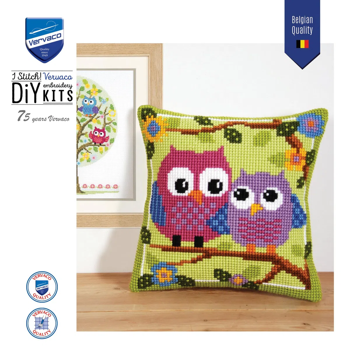 VERVACO Kit Cuscino Punto Croce Gufi su Un Ramo Set Ricamo Principianti Cuscini Gobelin Decorativi ca. 40 x 40 cm Accessori per Lavoretti Creativi DIY Casa Decor Hobby Adulti Cross Stitch