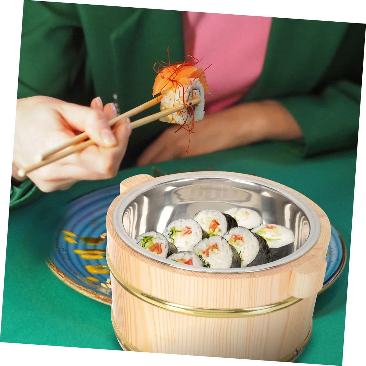 Contenitore per Alimenti in Legno Multiuso per Cucina Grande Capacità, Secchio Compatto per Riso e Sushi, Realizzato in Legno e Acciaio Inossidabile, per Uso Domestico