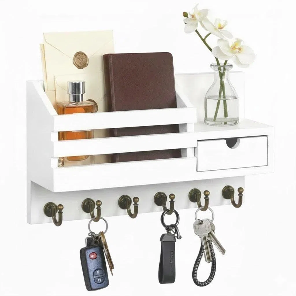 Portachiavi da Parete Ripiano E Cassetto,ripiano a Parete per Organizzare Le Chiavi, Portachiavi in Legno con 6 Ganci,per Ingresso, Corridoio, Soggiorno O Ufficio – Bianco