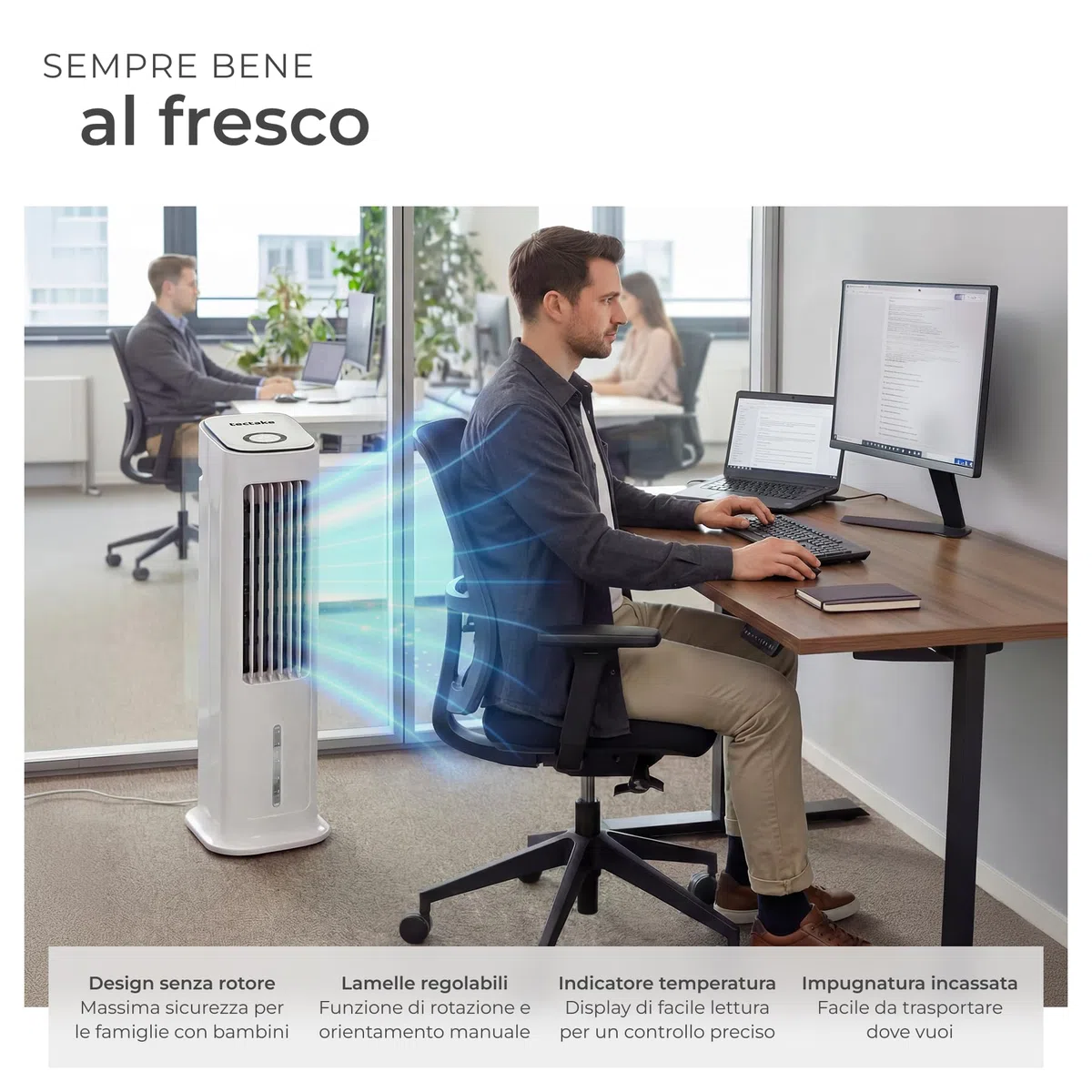 tectake® Raffrescatore d'aria 4in1, Condizionatore Portatile, Serbatoio 5L, 2 Siberini, Ventilatore a Torre, Purificatore, 3 Modalità, Telecomando Timer, Climatizzatore Portatile Silenzioso - Bianco