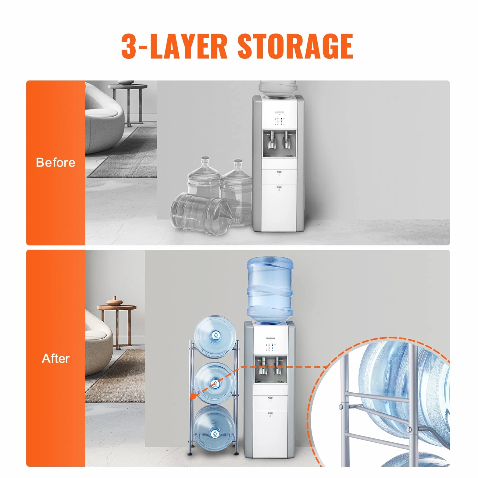 VEVOR in Ferro a 3 Livelli per Acqua in Bottiglia per 3 Bottiglie, 18,9 L, per 3 Bottiglie, Resistente per Cucina Ufficio Soggiorno Argento