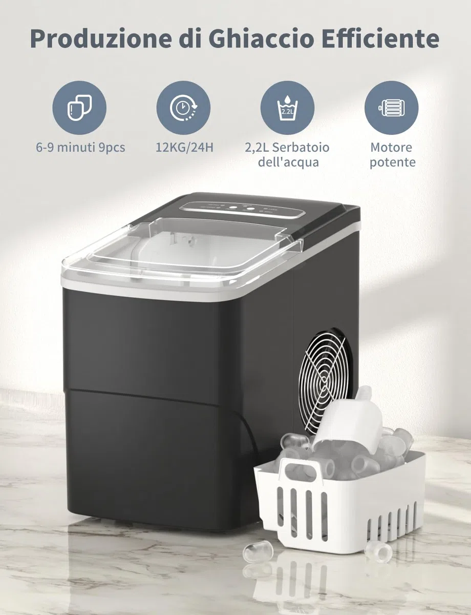 Macchina Ghiaccio 12KG/24h, 2.2L Macchina del Ghiaccio Casa Professionale, S/L Dimensioni, Pronto in 6-9 Minuti, Silenzioso, Ice Maker per Casa/Bar, Nero