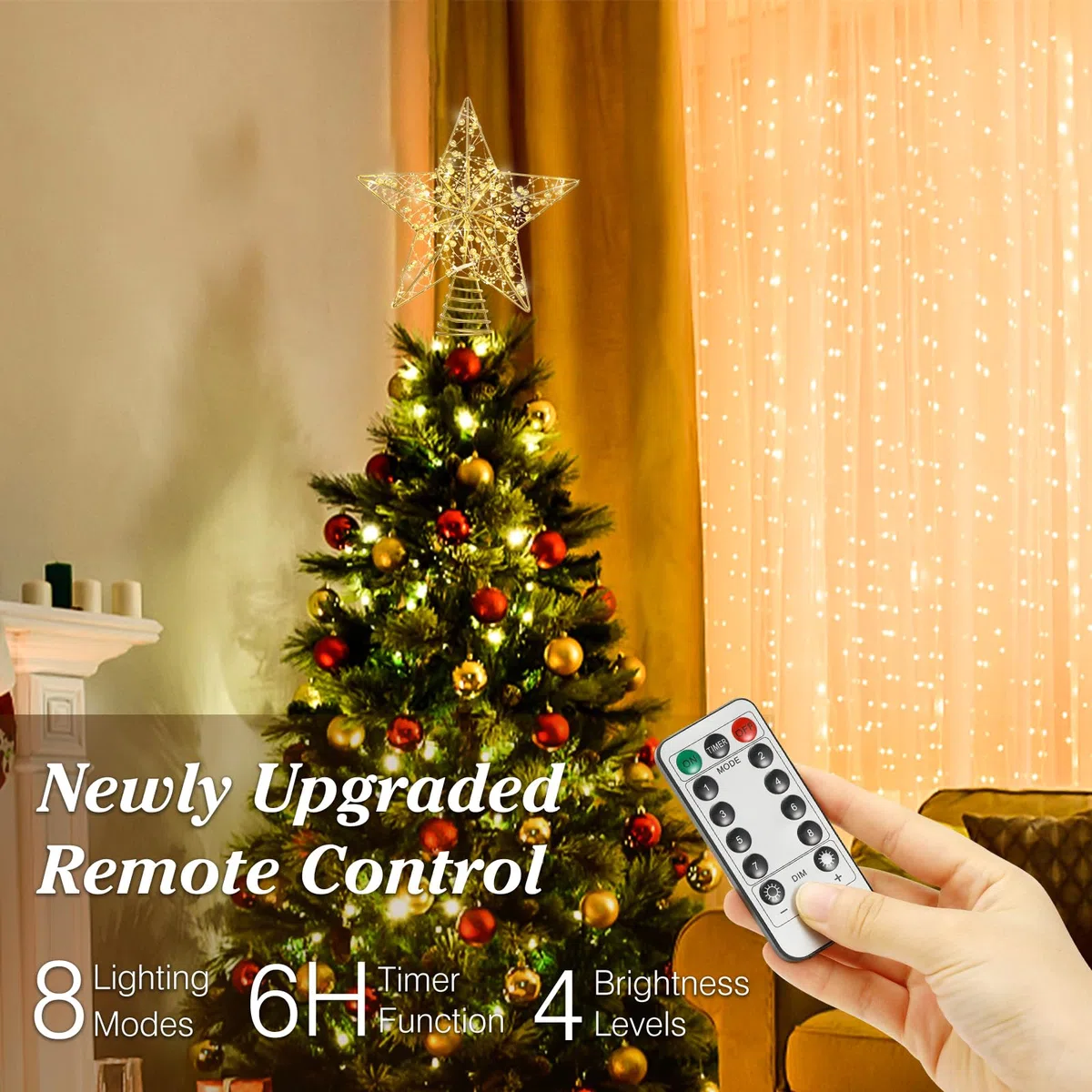 Lewondr Puntale per Albero di Natale a Forma di Stella, 11" Puntale con Base Spirale Telecomandato Alimentato da USB, 8 Modalità con Timer, Oro