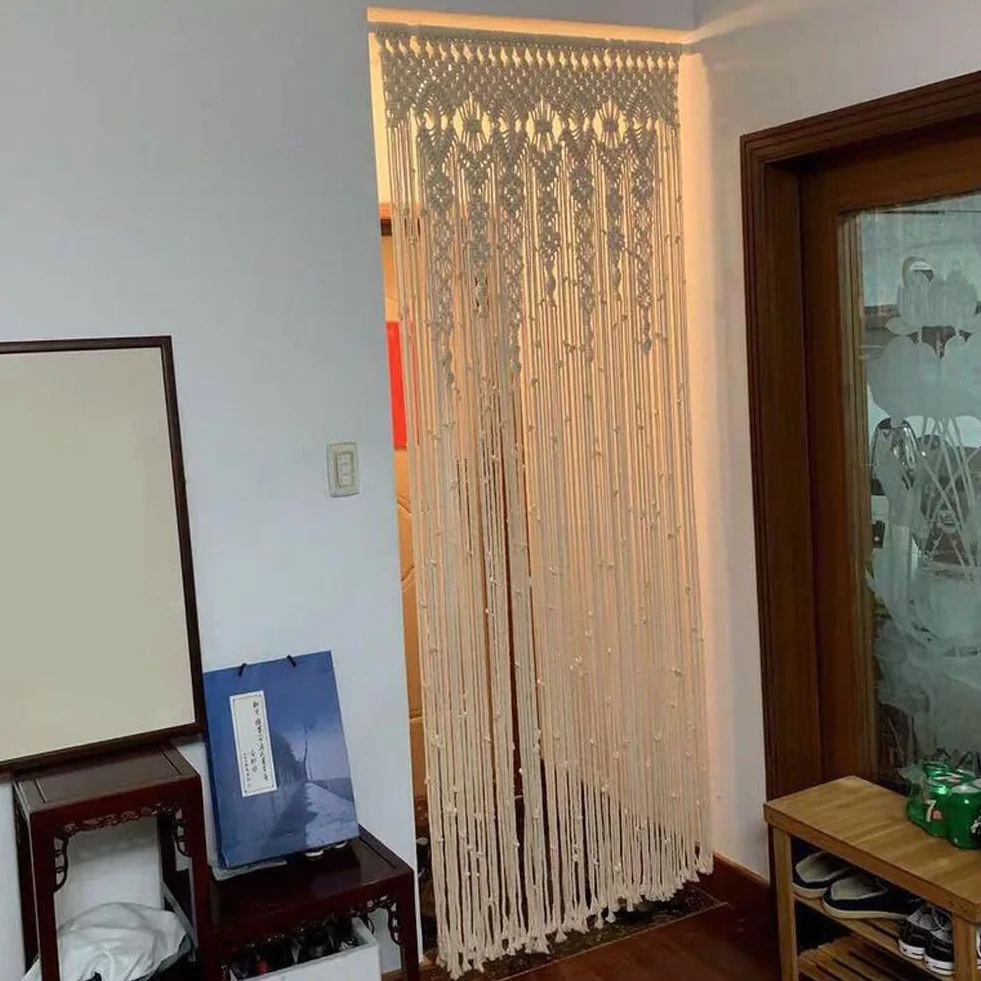 Tenda da porta in tessuto macramè, in cotone, da appendere alla parete, per finestra, arco, porta, sfondo, decorazione per la casa, beige (100 x 200 cm)